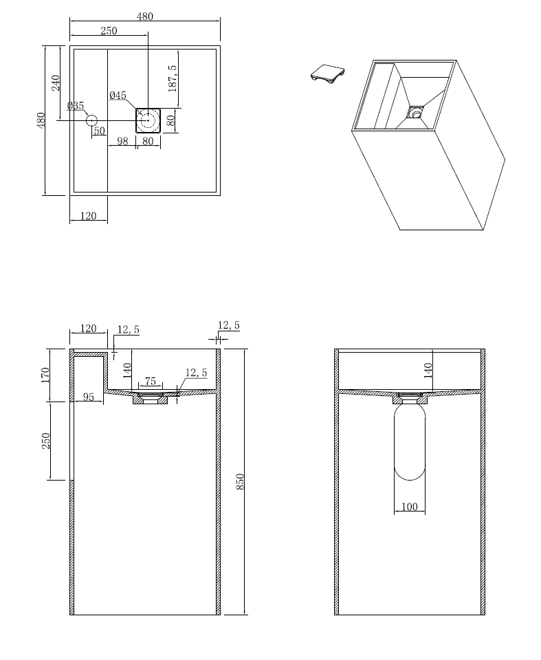 Раковина напольная 48х48 см ArmadiArt Cube Corian 802-NM